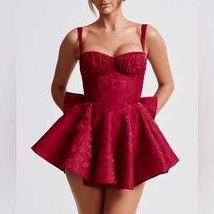 Red Jacquard Mini Dress With Detached Bow, Size XS